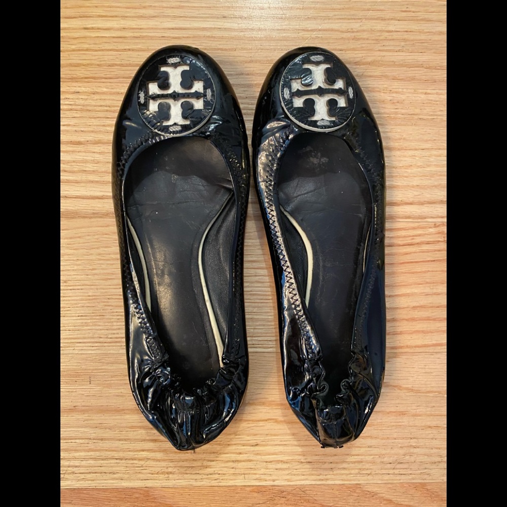 Tory Burch black patent leather elastic flats